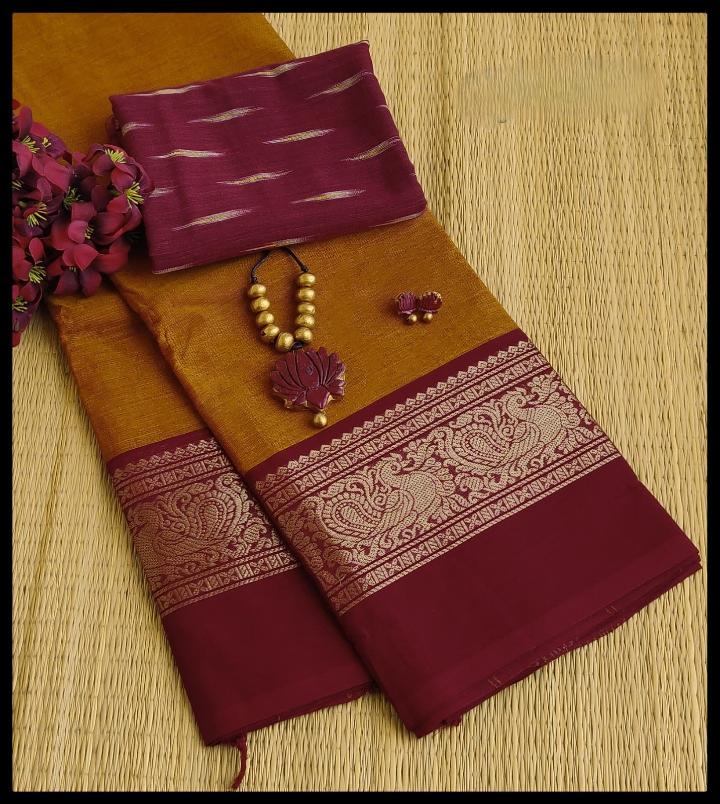 Maroon Peacock Zari Border Chettinad Cotton Saree
